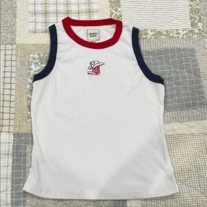 Trendy White Tank Top with Red & Navy Sleeve Accents/Embroidery.
